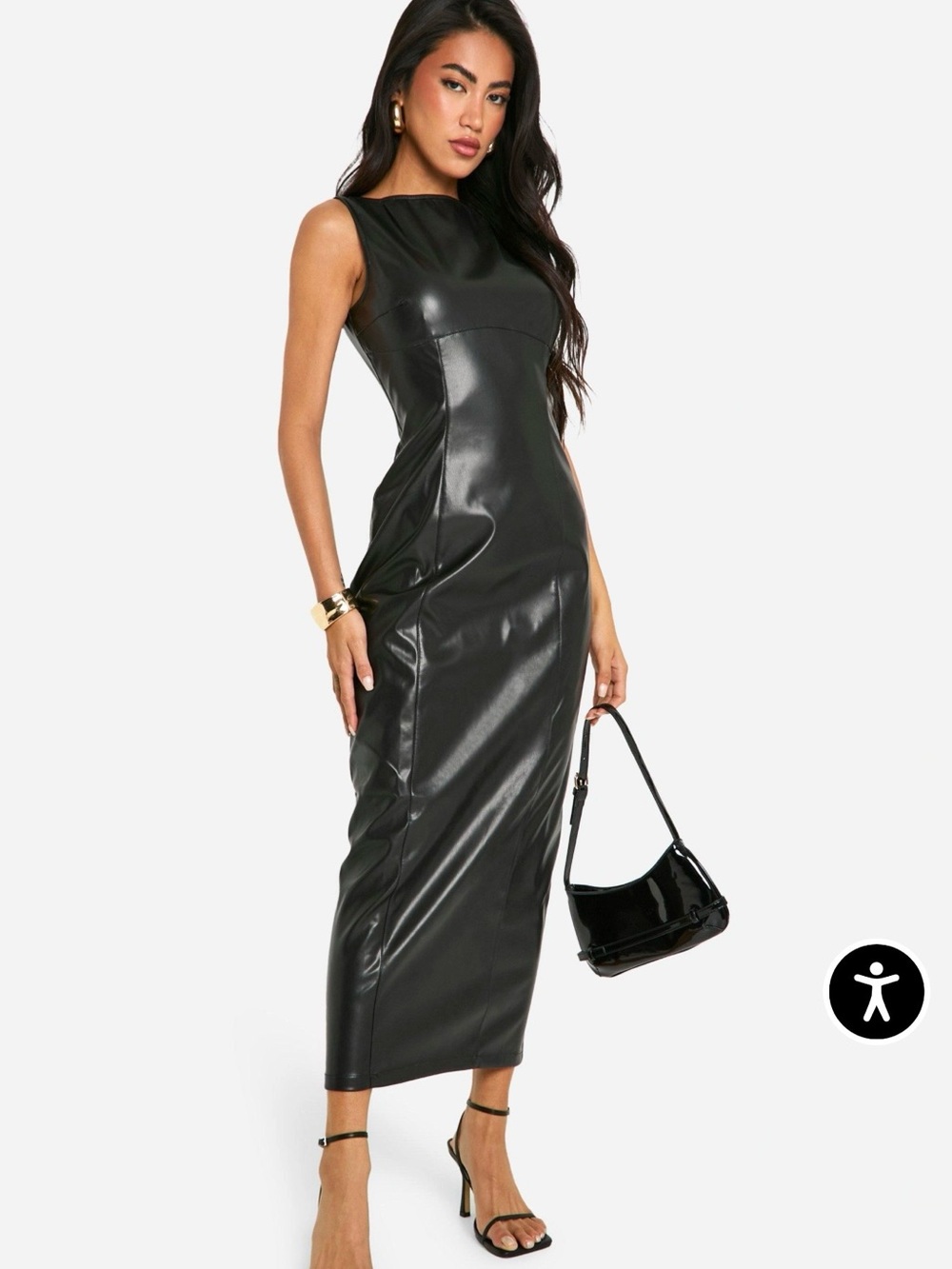 Sleeveless Faux Leather Black Midi Dress